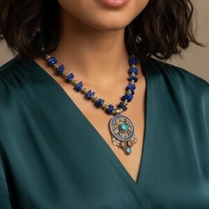 Handmade Lapis turquoise gold filled medallion necklace